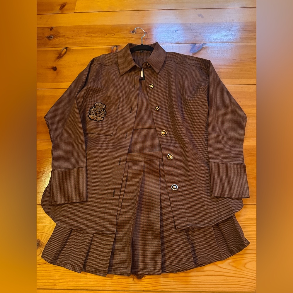 Brown Plaid Button-Up Shirt and Skirt Set